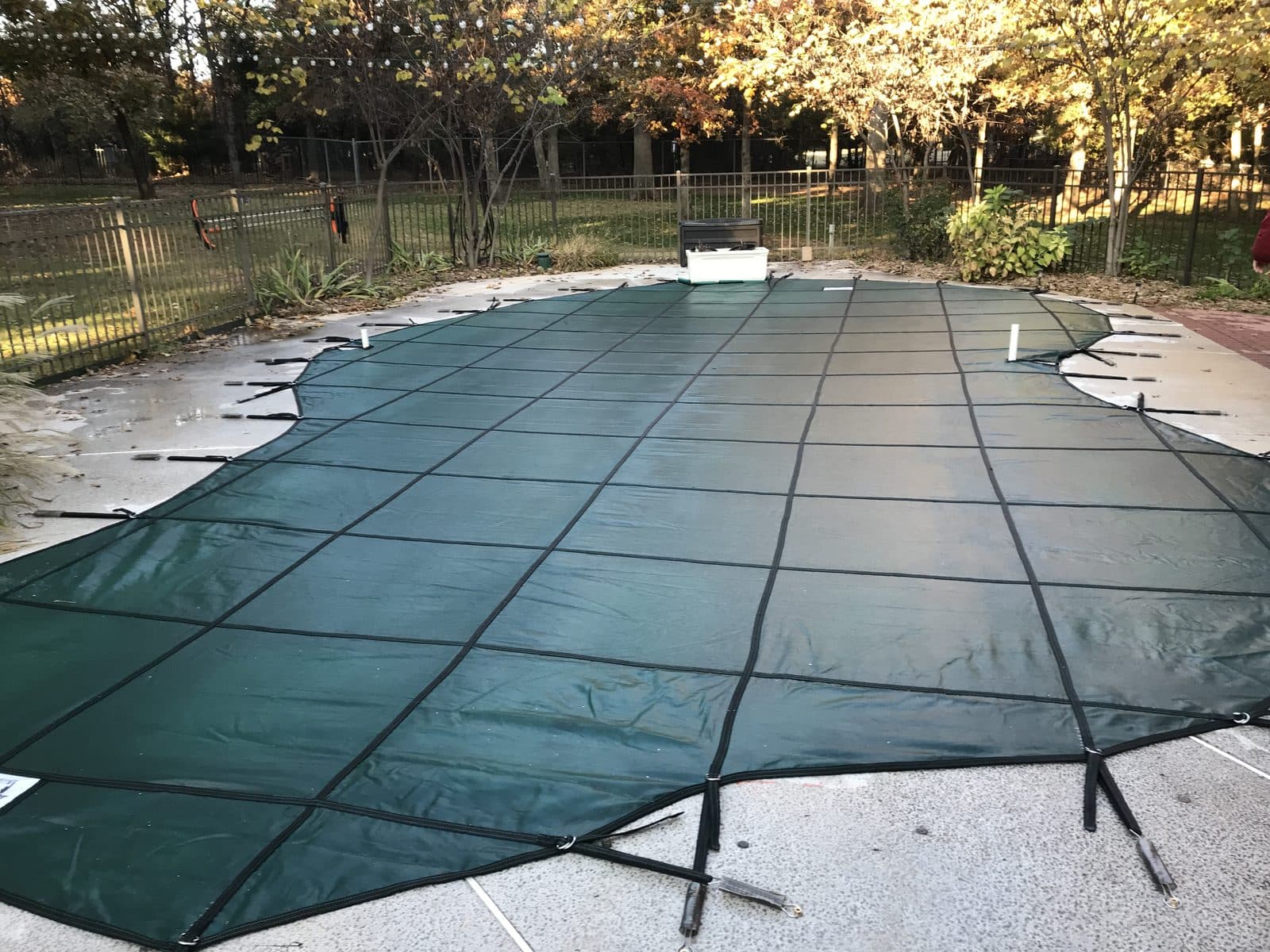 Green safety cover anchored tight on a freeform inground pool